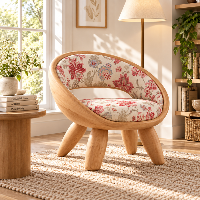 Floral Upholstered Curved Wood Accent Chair Main Image