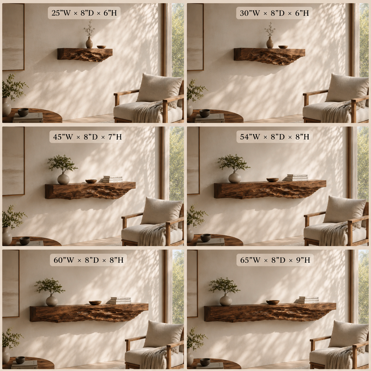 Rustic Wood Floating Shelves – Solid Wood Wall Shelf Set for Living Room Decor