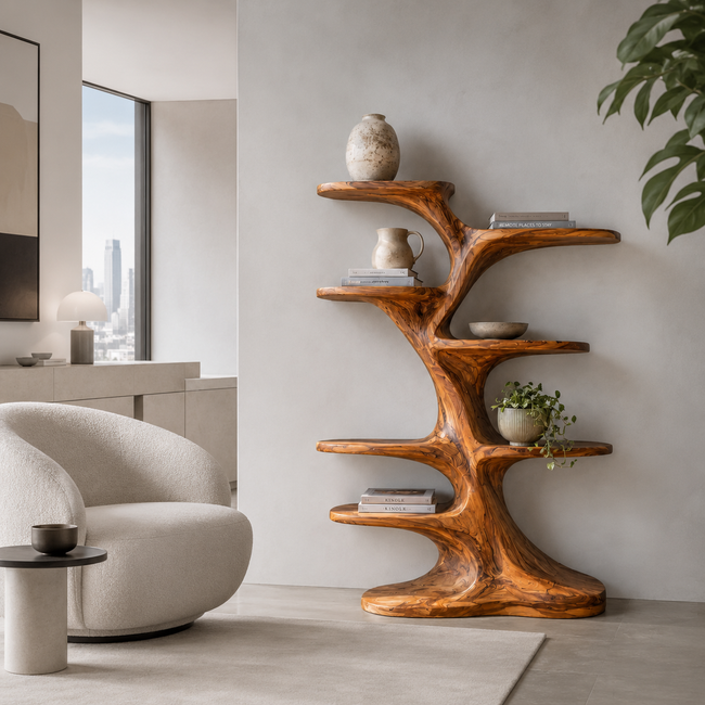 Tree Branch Wood Bookshelf – Solid Wood Display Shelf for Living Room Decor Main Image