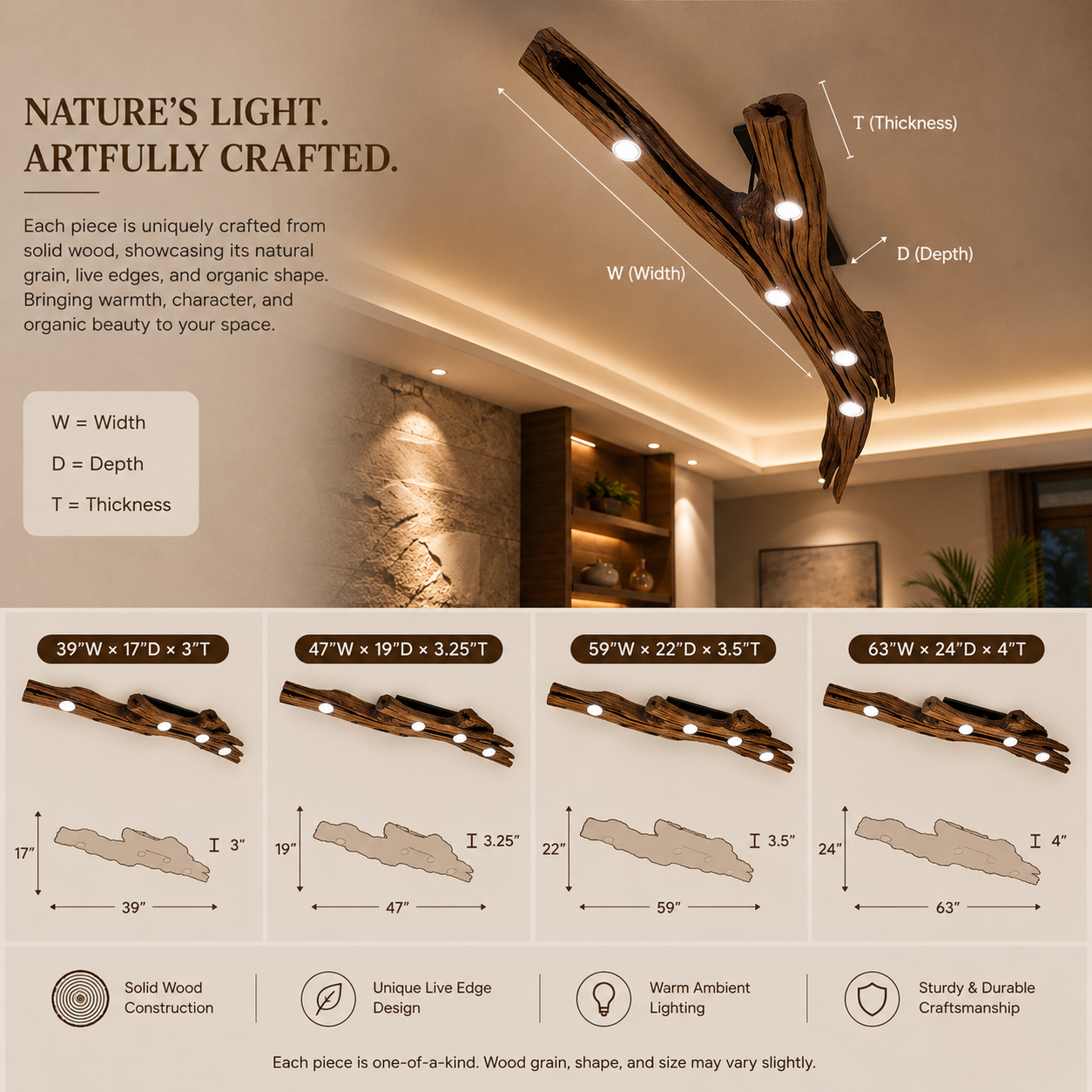 Tree Branch Ceiling Light – Solid Wood Pendant Light for Modern Home