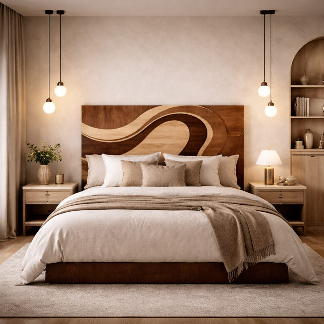 Modern Solid Wood Bed with Wave Headboard | Sculptural Luxury Bedroom Furniture Hover Image