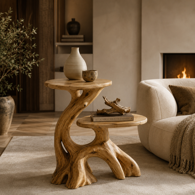 Sculptural Side Table – Solid Wood Accent Table for Living Room Main Image