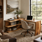 L Shaped Wood Desk – Solid Wood Computer Desk with Storage Shelf for Home Office Decor