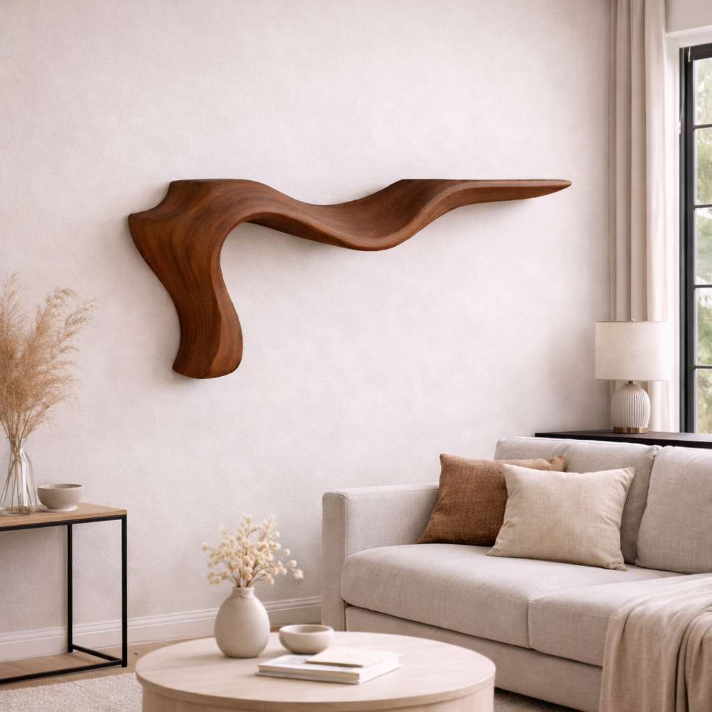 Sculptural Wooden Floating Wall Shelf – Organic Modern Décor