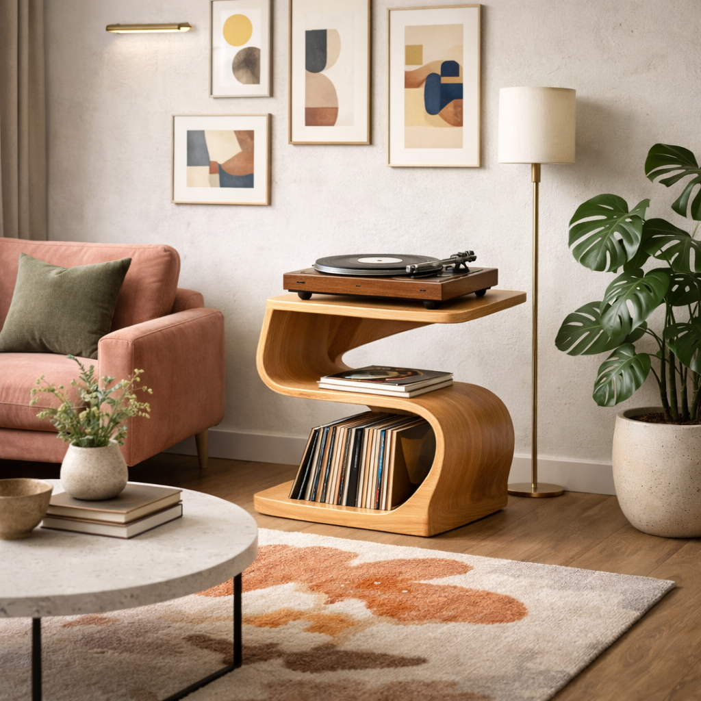 Record Player Stand – Sculptural Solid Wood Stand with Vinyl Storage