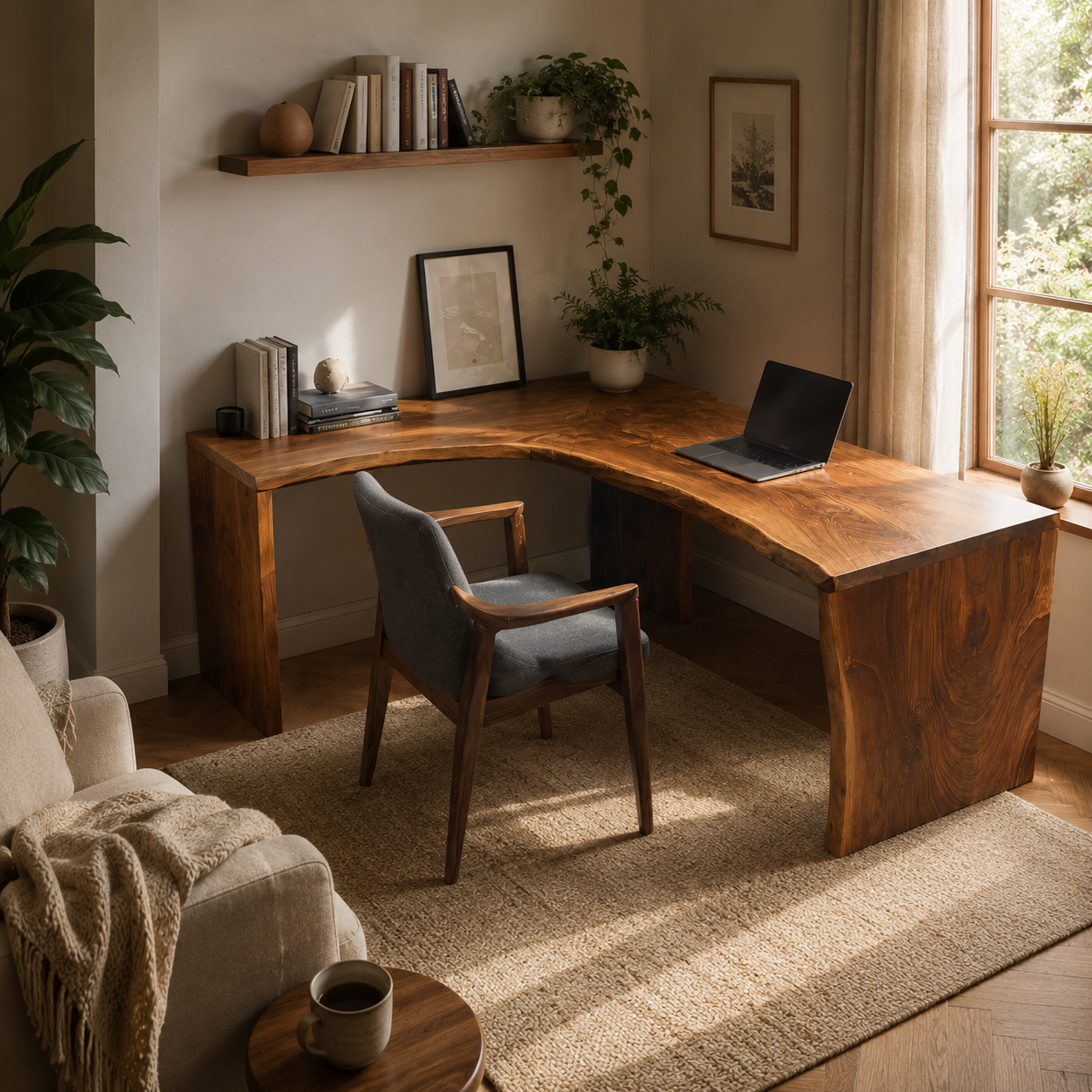 Live Edge L-Shaped Wood Desk – Solid Wood Corner Office Desk for Home Office Decor