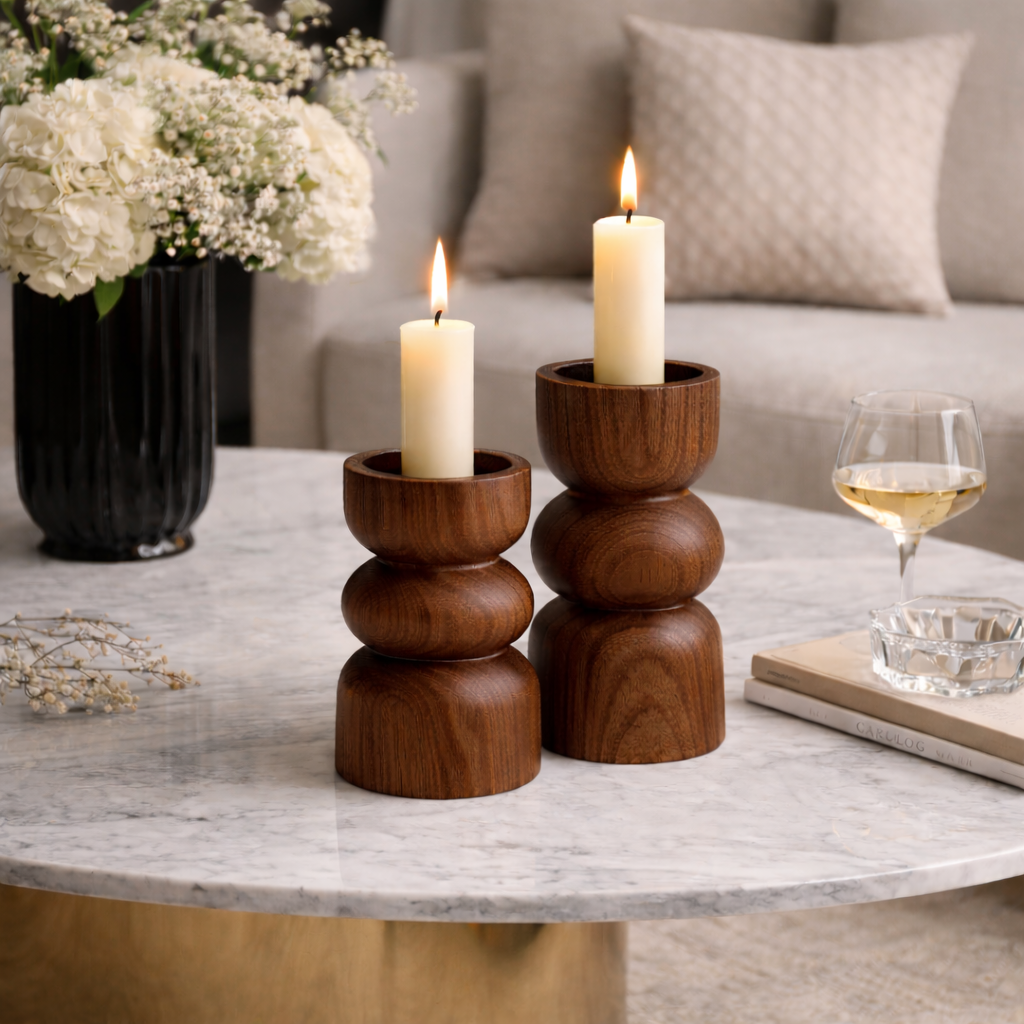 Stacked Wooden Candle Holders Set – Sculptural Minimalist Design