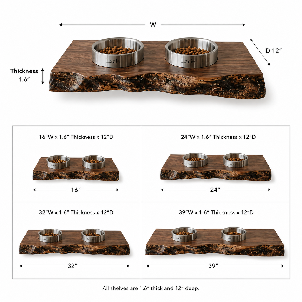 Live Edge Wood Pet Bowl Shelf – Solid Wood Wall Mounted Feeding Station for Home Decor