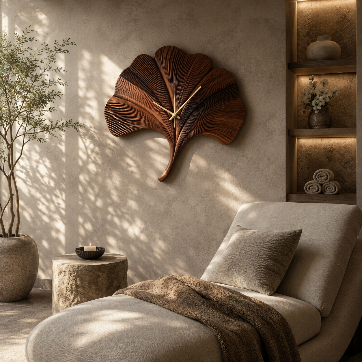 Ginkgo Leaf Wood Wall Clock – Solid Wood Decorative Clock for Living Room Decor