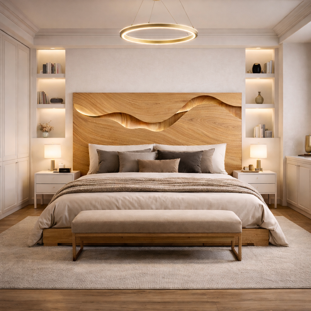 Sculptural Wooden Bed – Modern Bed with Statement Headboard