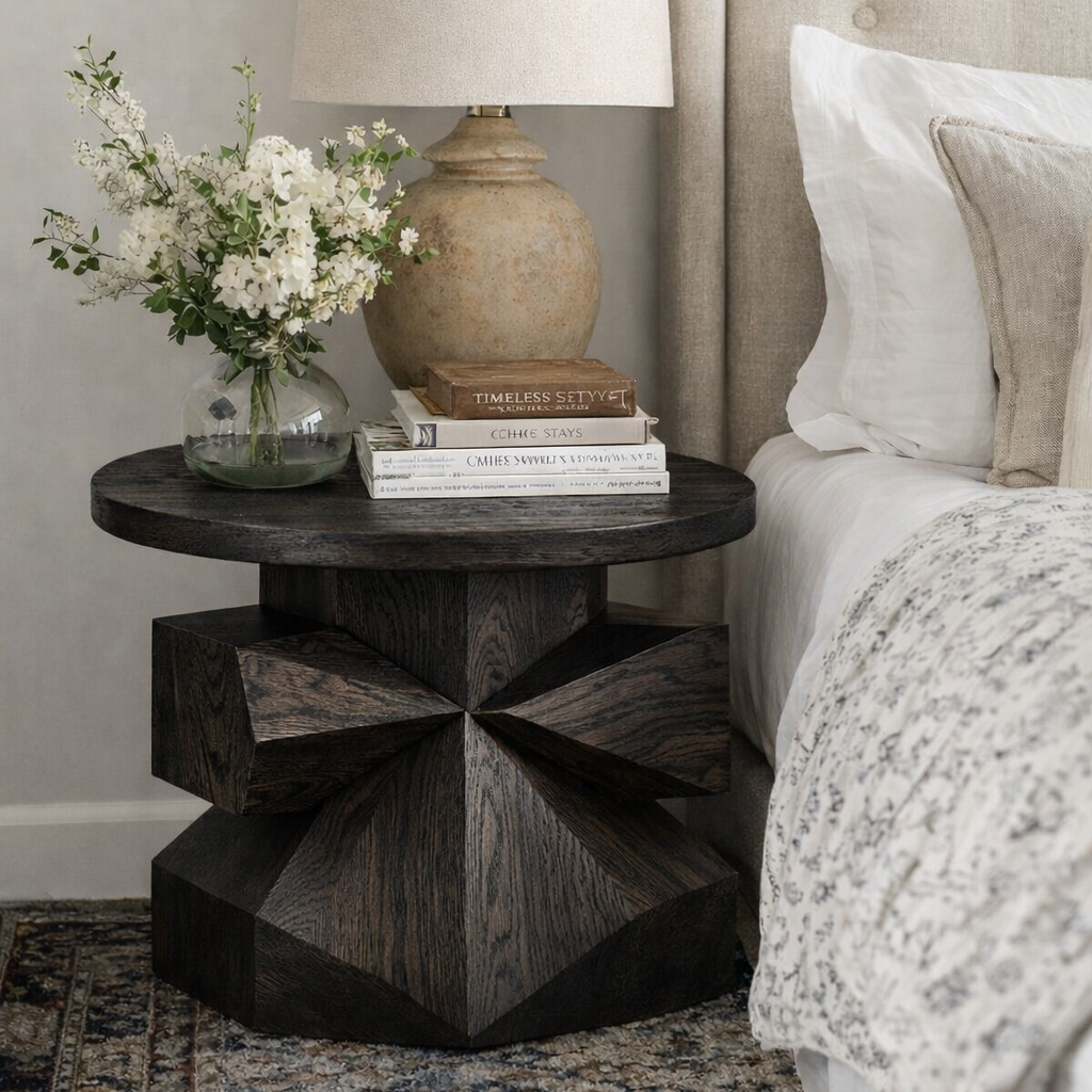 Handcrafted Solid Wood Geometric Side Table – Sculptural Pedestal Accent