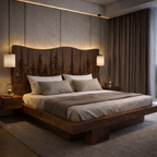 Solid Wood Bed Frame with Hand-Carved Headboard & LED Lighting