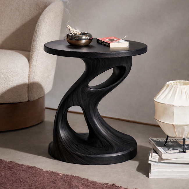 Handcrafted Solid Wood Sculptural Side Table – Organic Modern Accent Hover Image