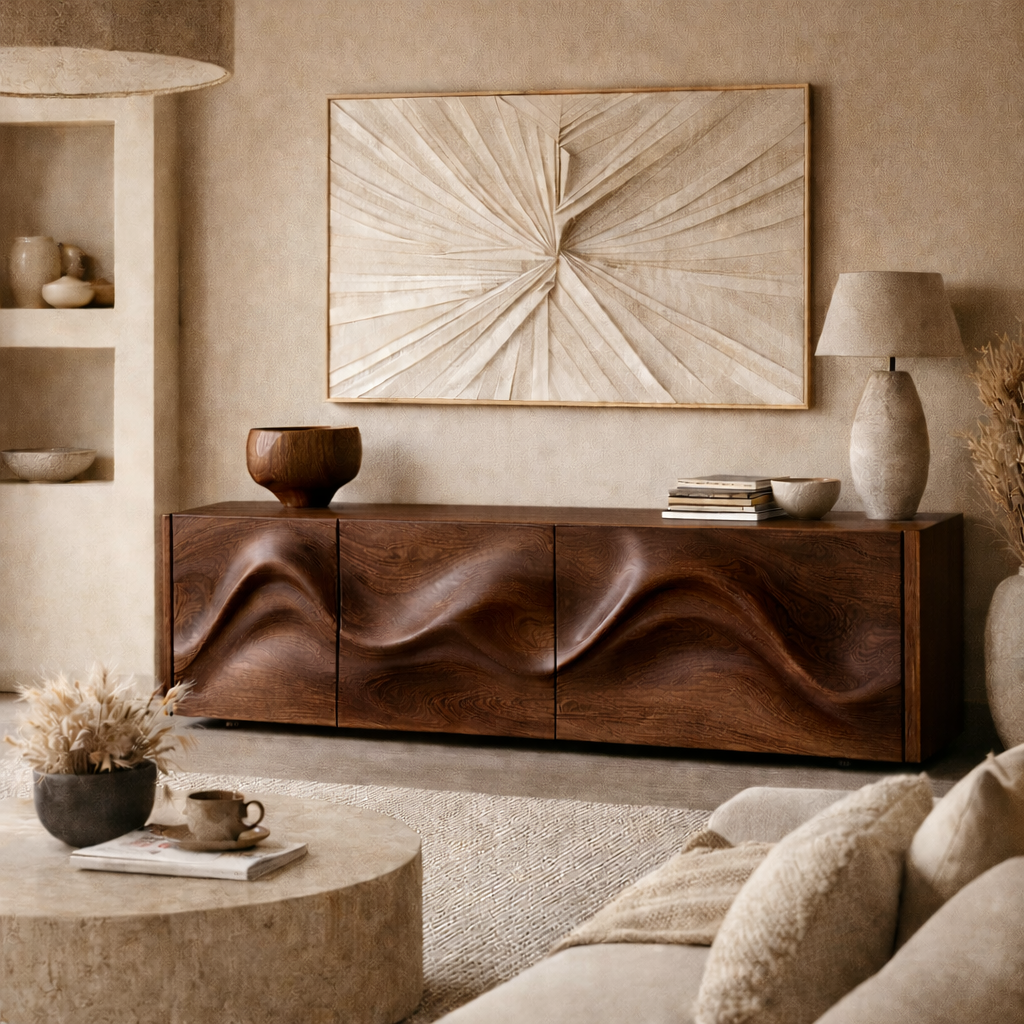 Wave Sideboard Media Console – Sculptural Solid Wood Storage Cabinet for Luxury Living Room