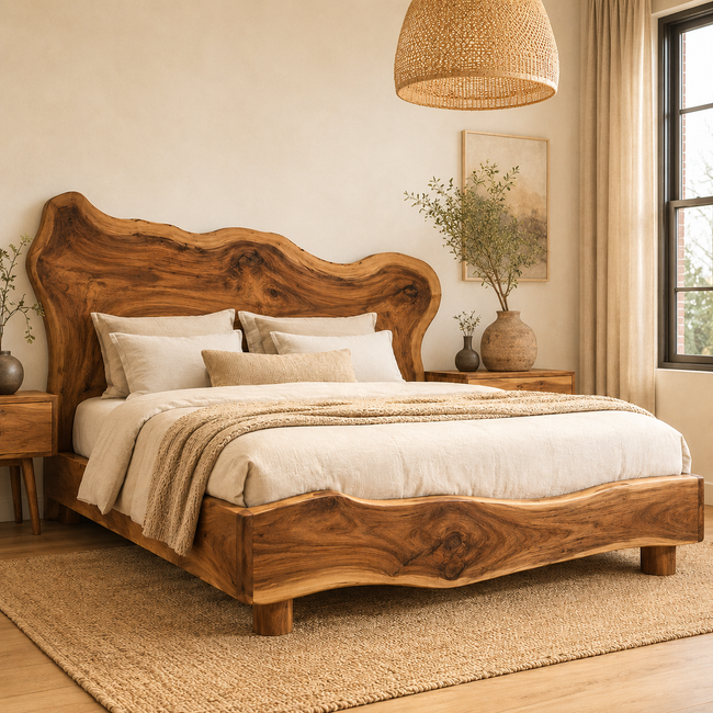 Live Edge Bed Frame – Solid Wood Bed with Sculptural Headboard Hover Image