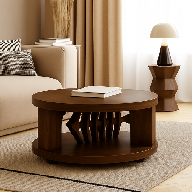 Round Sculptural Walnut Coffee Table with Storage Shelf – Modern Design Main Image