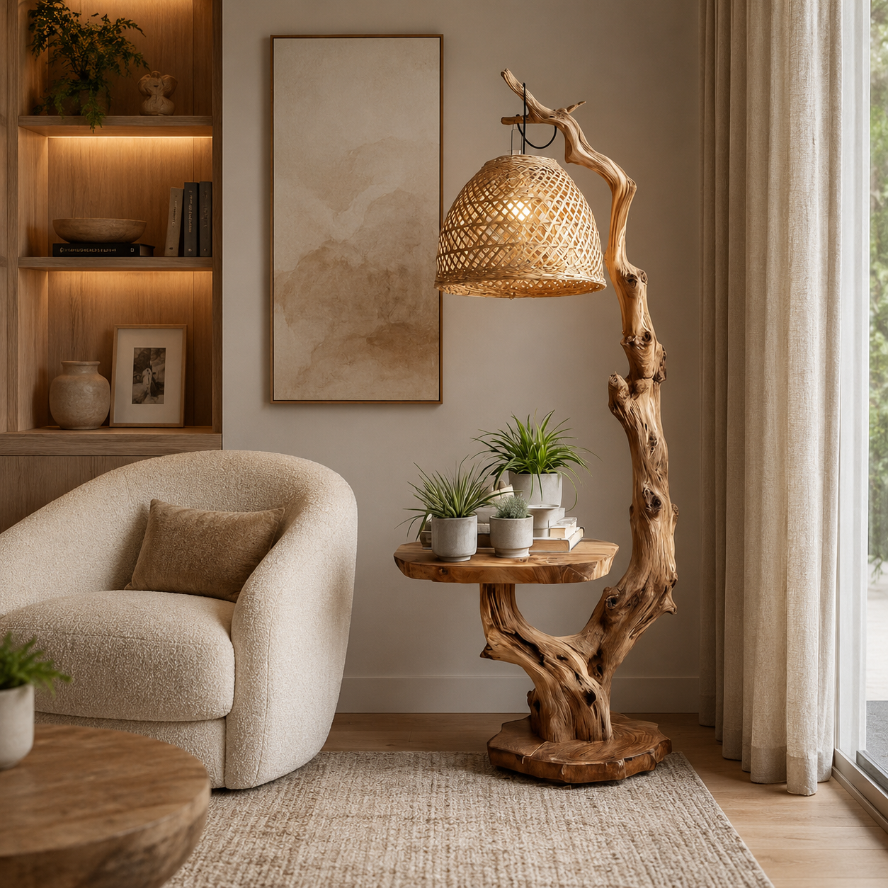 Tree Branch Floor Lamp – Solid Wood Standing Light with Shelf