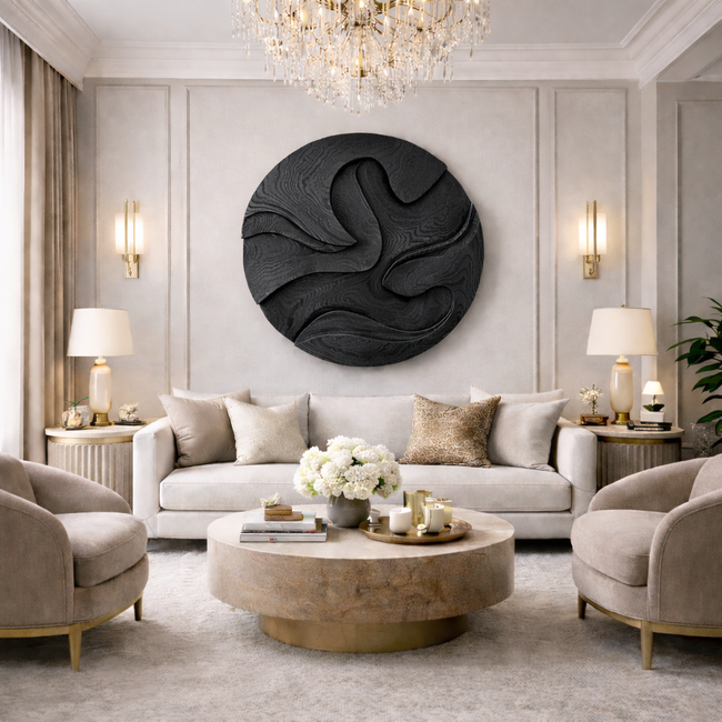 Hand-Carved Solid Wood Wall Art Panel – Organic Round Sculpture Main Image
