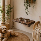 Live Edge Wood Pet Bowl Shelf – Solid Wood Wall Mounted Feeding Station for Home Decor
