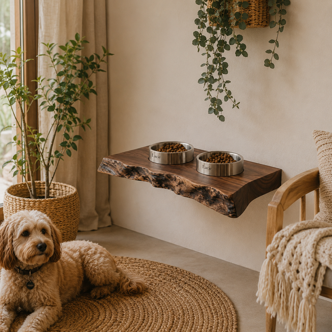 Live Edge Wood Pet Bowl Shelf – Solid Wood Wall Mounted Feeding Station for Home Decor Hover Image