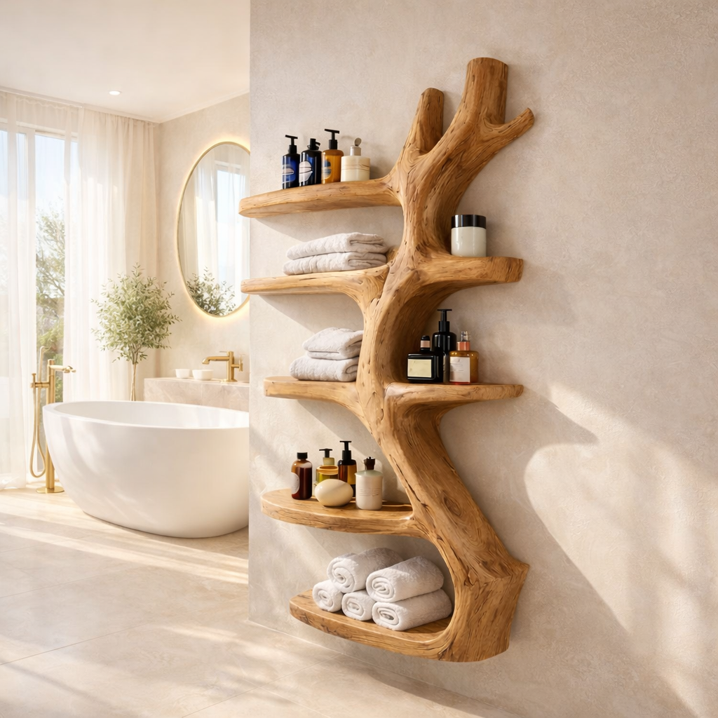 Sculptural Bathroom Shelf – Solid Wood Towel Shelf for Bathroom Decor