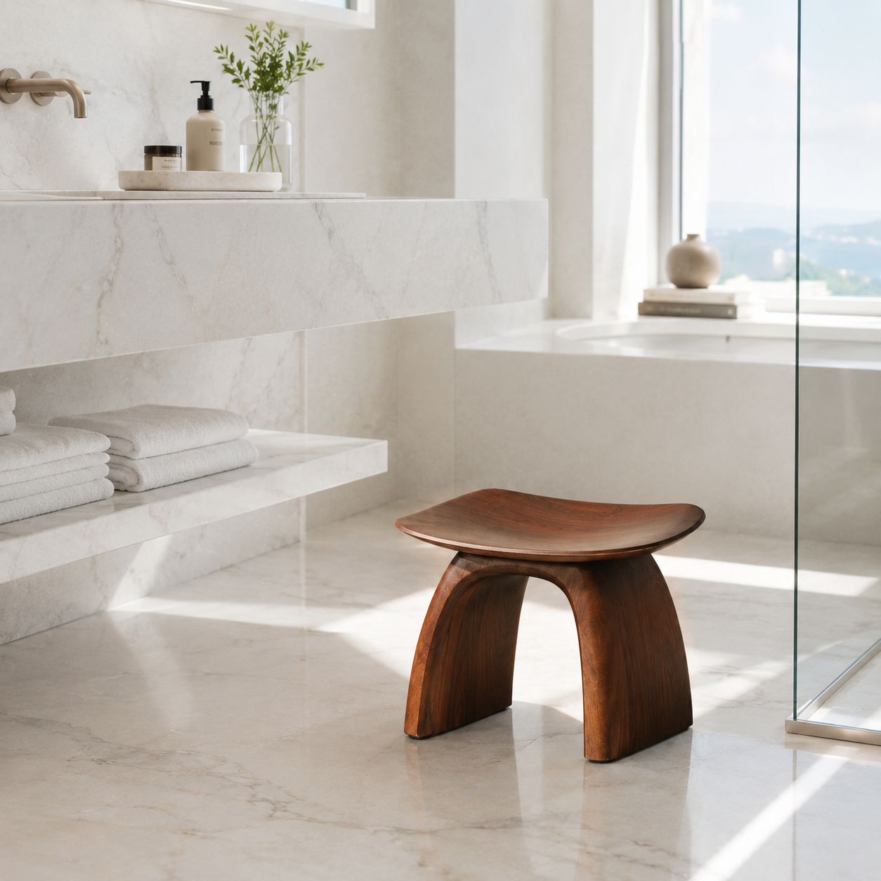 Curved Wood Bathroom Stool – Solid Wood Low Spa Seat for Bathroom Decor