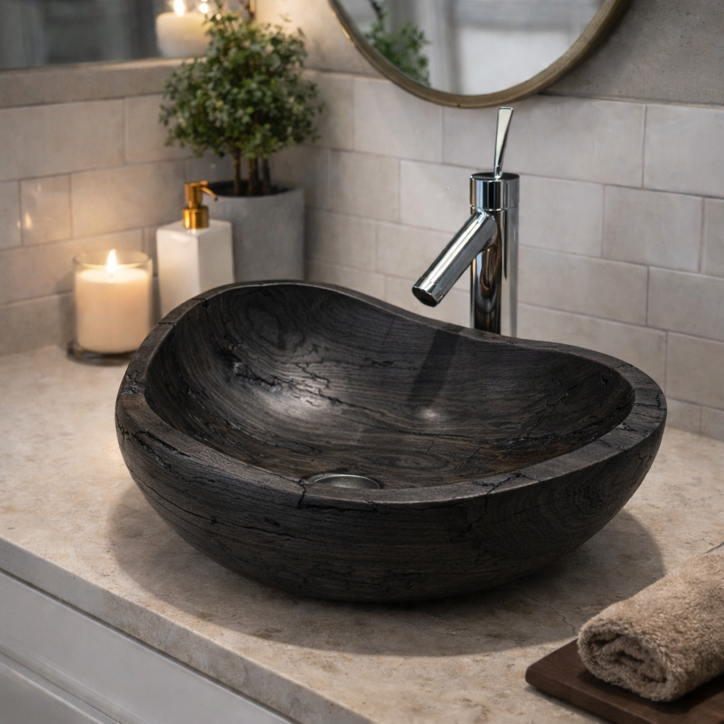 Hand-Carved Solid Wood Vessel Sink – Natural Grain Bathroom Basin
