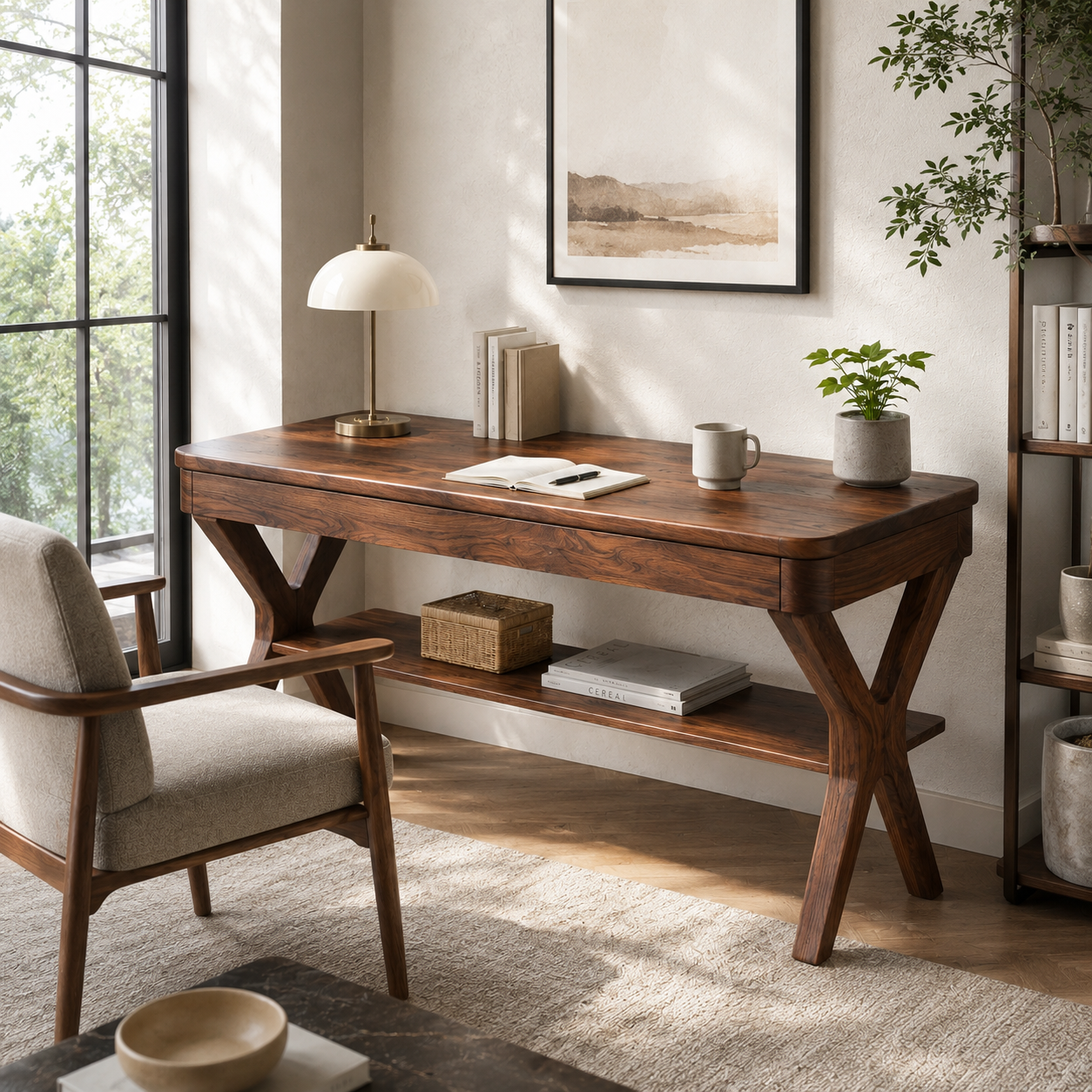 Solid Wood Writing Desk – Wooden Office Desk with Lower Storage Shelf for Home Office Decor