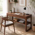 Rounded Wood Writing Desk – Solid Wood Office Desk with Lower Storage Shelf for Home Office Decor