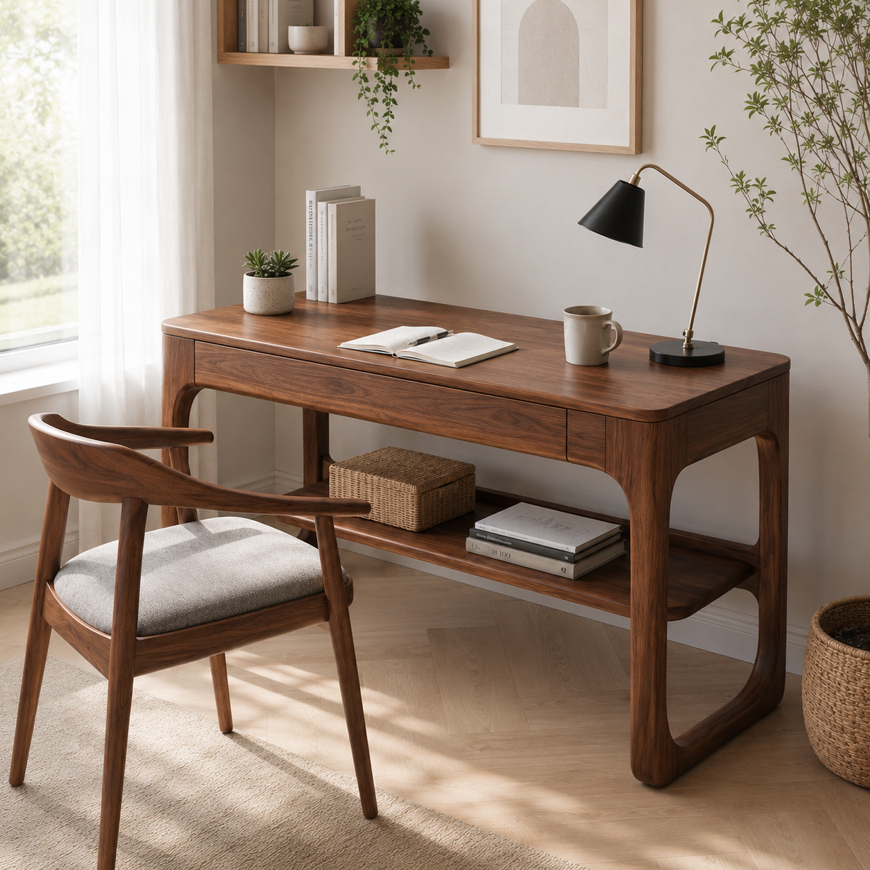 Rounded Wood Writing Desk – Solid Wood Office Desk with Lower Storage Shelf for Home Office Decor