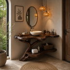Tree Root Bathroom Vanity Shelf – Handmade Solid Wood Floating Vanity for Organic Luxury Bathrooms