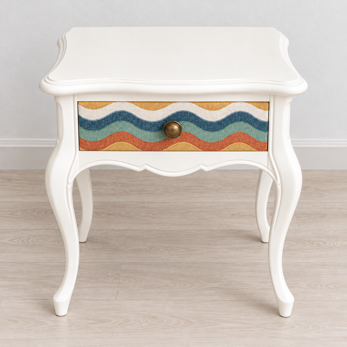 Vintage Curved Leg Nightstand with Patterned Drawer