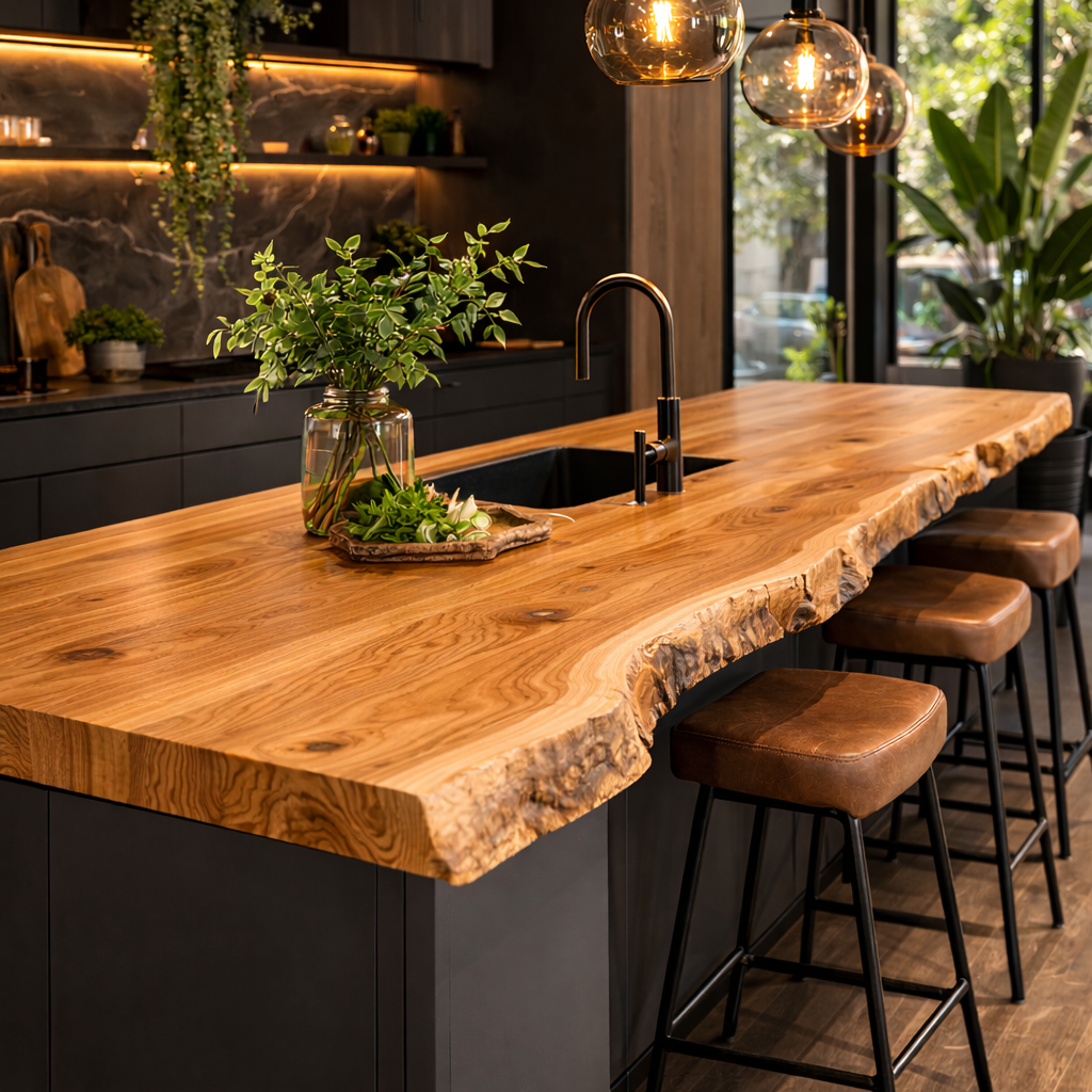 Live Edge Kitchen Countertop – Solid Wood Island Top for Modern Kitchen