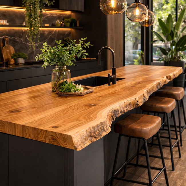 Live Edge Solid Wood Kitchen Island Countertop – Rustic Natural Wood Slab Bar Top for Modern Kitchen Hover Image