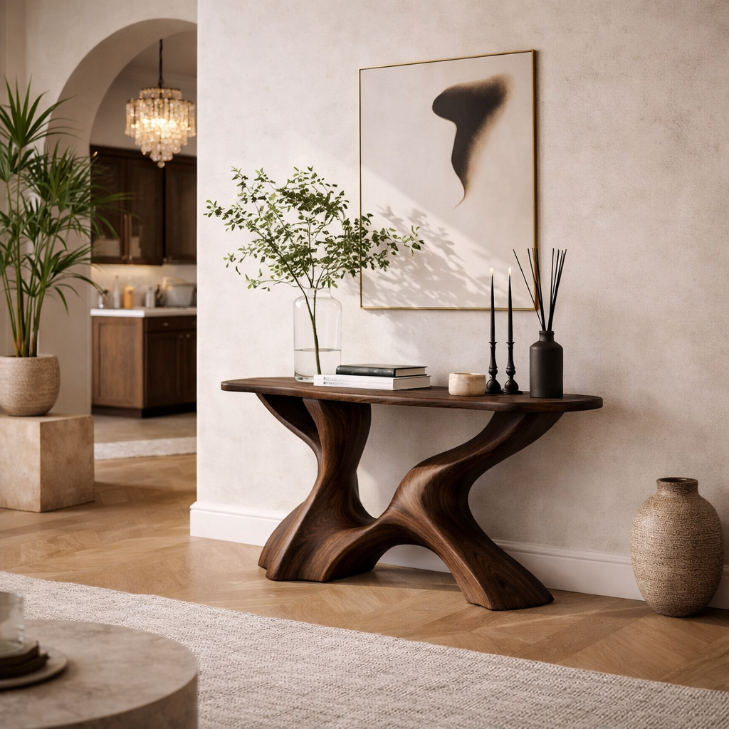 Sculptural Console Table – Solid Wood Artistic Base Table for Entryway Decor