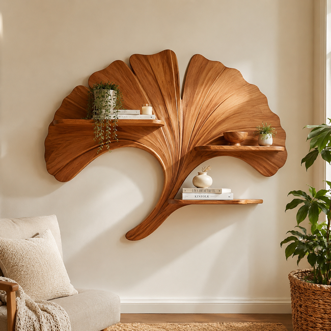 Ginkgo Leaf Wood Wall Shelf – Solid Wood Floating Display Shelf for Living Room Decor Hover Image