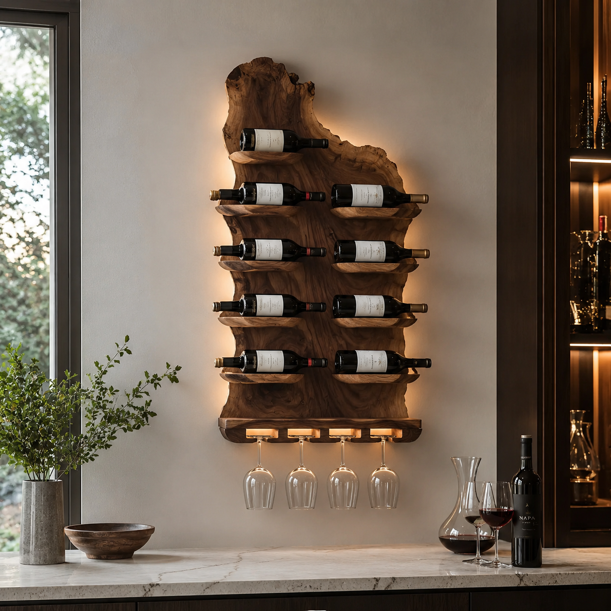 Wall-Mounted Wine Rack – Solid Wood Bottle Holder with Glass Storage