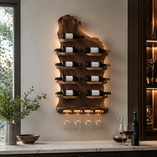 Wall-Mounted Wine Rack – Solid Wood Bottle Holder with Glass Storage Hover Image