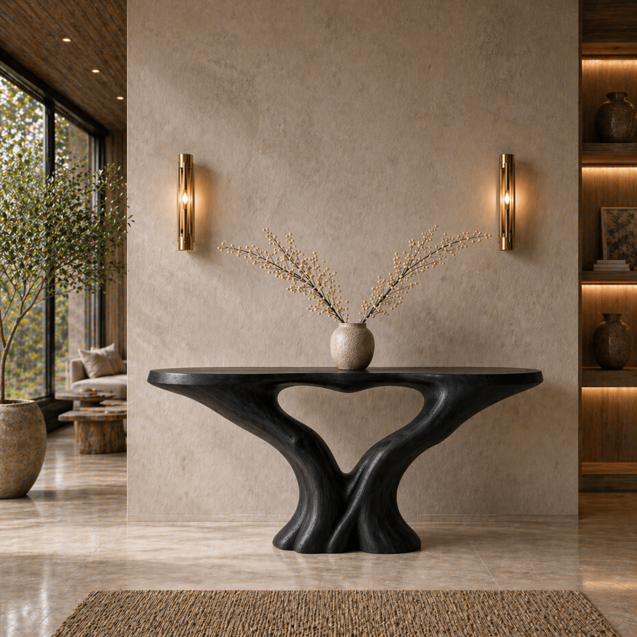 Organic X-Base Console Table – Sculptural Solid Wood Table