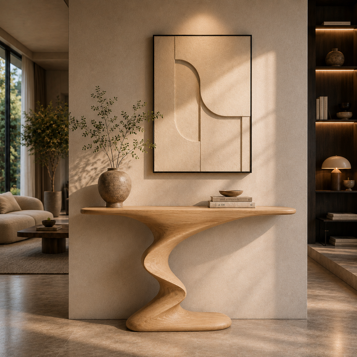Sculptural Console Table – Solid Wood Modern Table for Entryway Decor