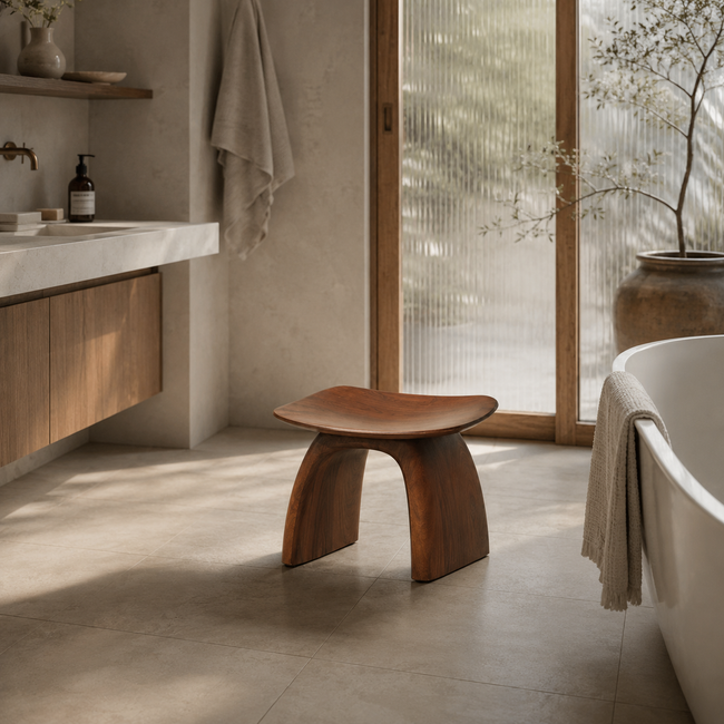 Curved Wood Bathroom Stool – Solid Wood Low Spa Seat for Bathroom Decor Main Image