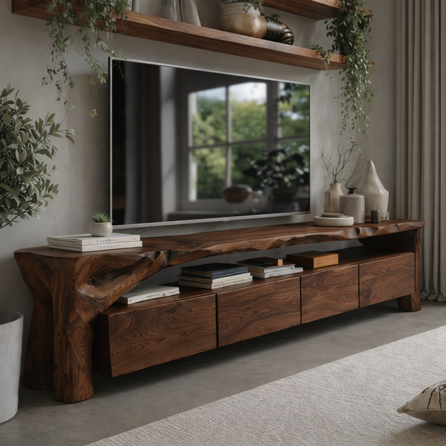 Solid Wood Live Edge Media Console – Sculptural TV Stand Main Image