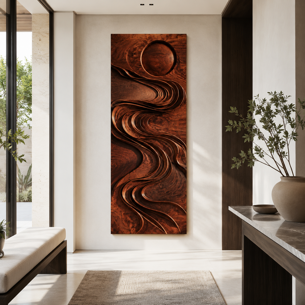Carved Wood Wall Art – Solid Wood Vertical Wall Sculpture for Living Room Decor
