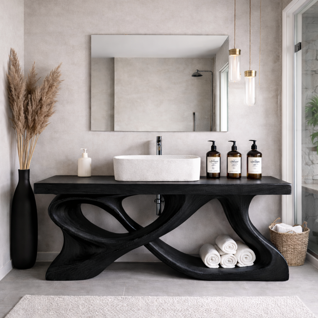 Artisan Solid Wood Bathroom Vanity with Sculptural Cross-Base & Mirror