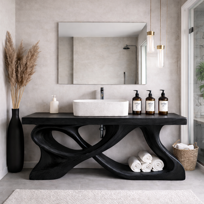 Artisan Solid Wood Bathroom Vanity with Sculptural Cross-Base & Mirror Main Image