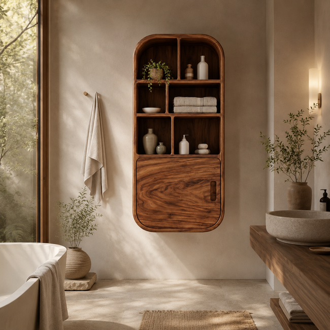 Rounded Wood Bathroom Cabinet – Solid Wood Wall Mounted Storage Cabinet for Bathroom Decor Main Image