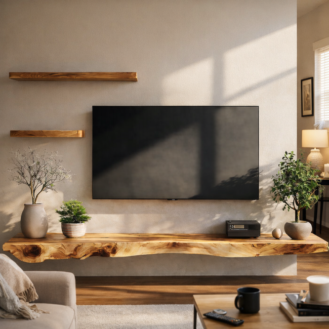 Live Edge Floating Stand – Solid Wood Wall-Mounted Console for Living Room Deco Main Image