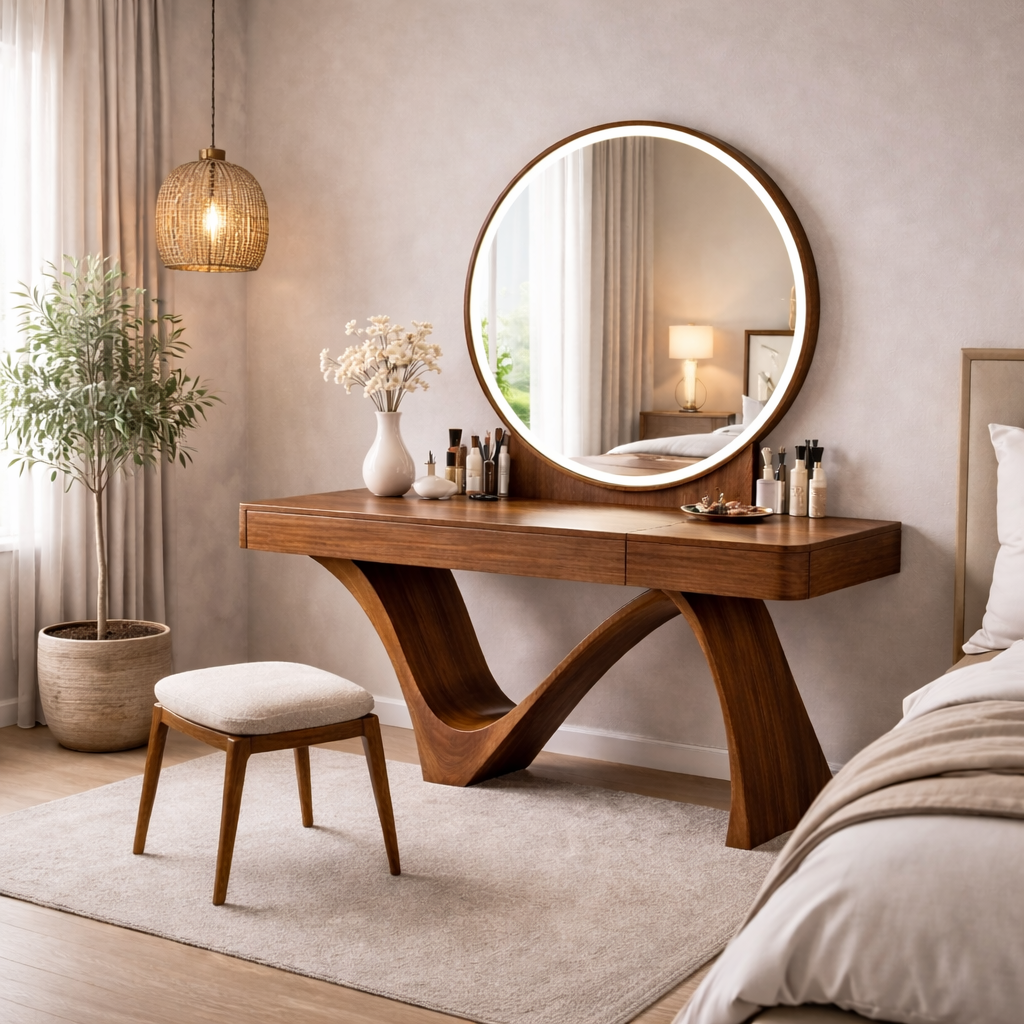 Modern Solid Wood Vanity Table with Round Mirror – Sculptural Set