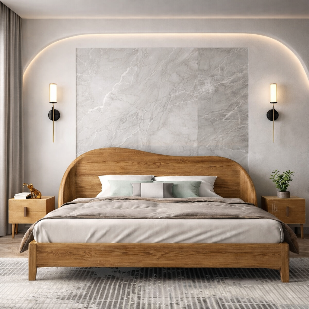 Scandinavian Wooden Bed with Curved Headboard – Minimalist Design