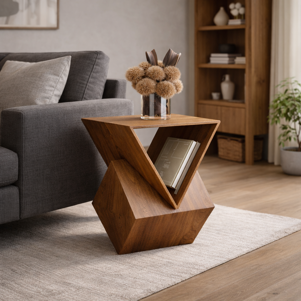 Geometric Sculptural Wooden Side Table – Modern Accent Furniture